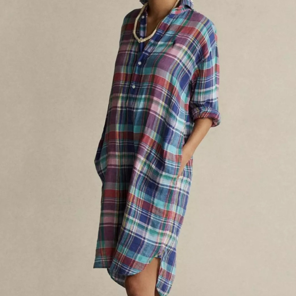 Polo Plaid Button-Up Linen Shirt Dress